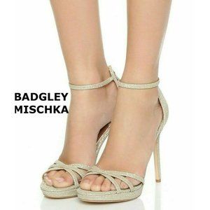 Badgley Mischka Signify Ankle Strap Platform Heel Sandal Gold Glitter US 7 M
